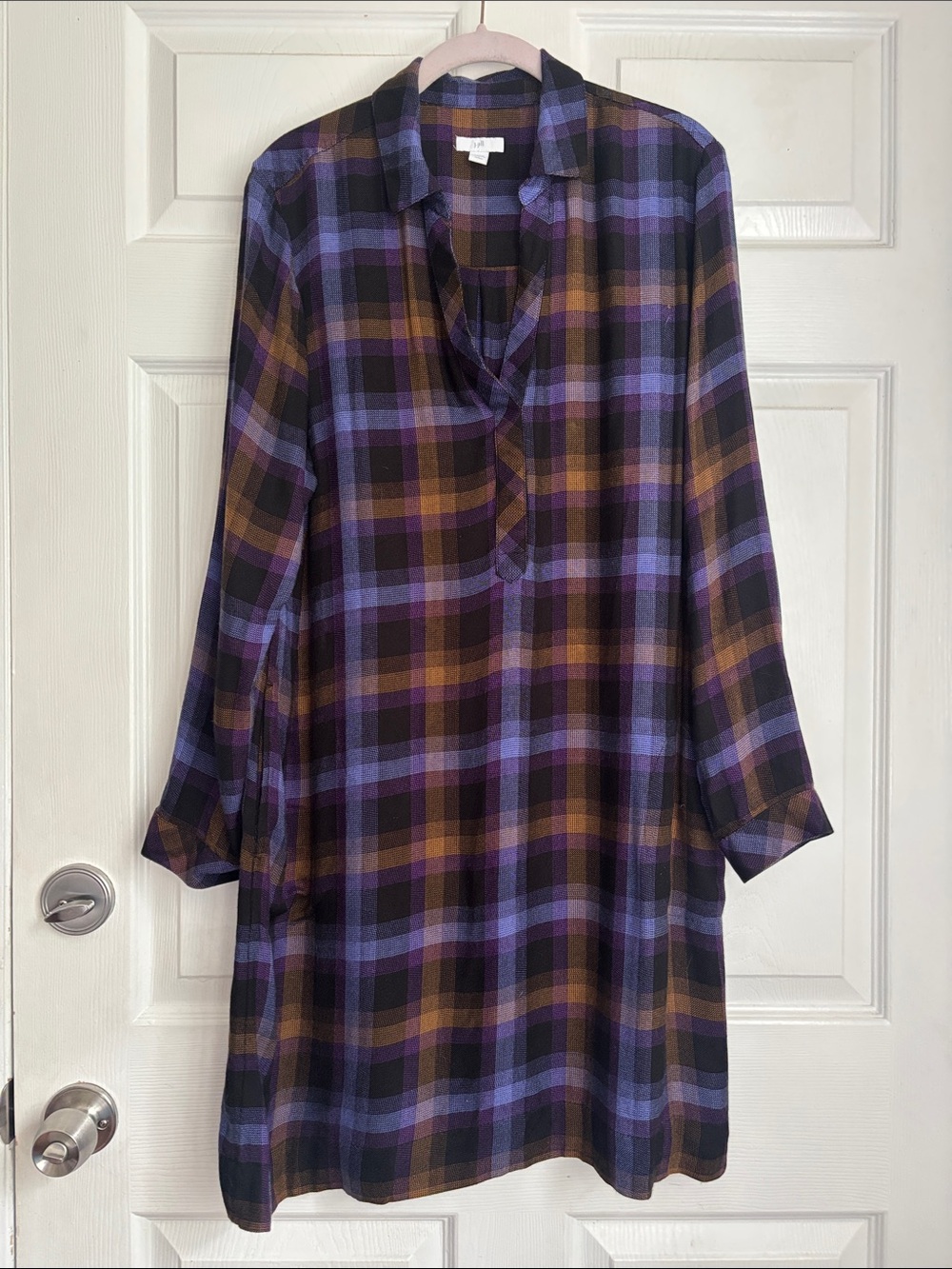J.Jill Purple Plaid Long-Sleeve Shirt Dress Size Large petite side slits